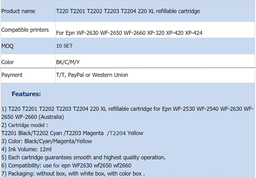 T2201 T2202 T2203 T2204 220 XL refillable cartridge for epson WF-2530